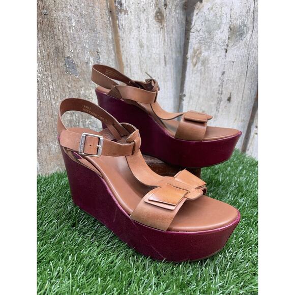 Kork-Ease Burgundy Tan Platform Wedge Sandals Women's 9 - Picture 1 of 12